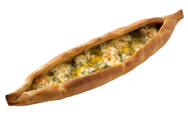 A photograph of a traditional Turkish pide bread on a clean white background, captured from a side view angle. The pide features a golden-brown, slightly charred crust with distinctive ridged edges, f