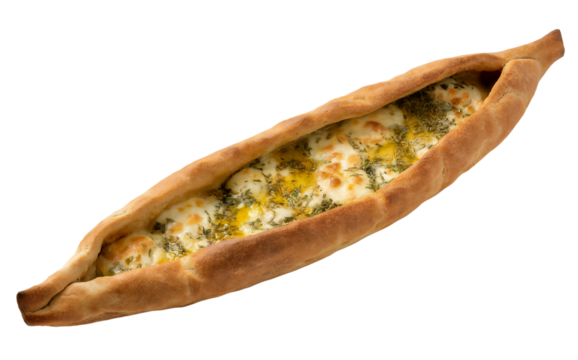 A photograph of a traditional Turkish pide bread on a clean white background, captured from a side view angle. The pide features a golden-brown, slightly charred crust with distinctive ridged edges, f