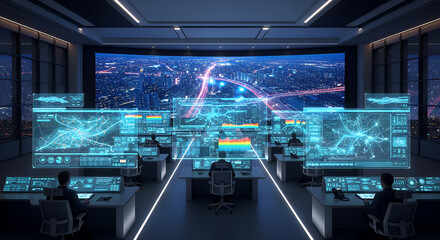 Futuristic command center with holographic displays and large screen showing city data