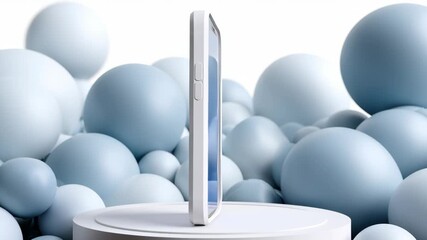 Phone is displayed on a white pedestal with a blue background. The blue background is made up of small blue spheres. The phone is turned off and the screen is blank