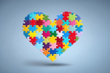 Colorful heart-shaped puzzle pieces arranged against a soft blue background, symbolizing love and unity