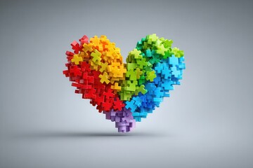 Colorful heart shape made of puzzle pieces, symbolizing love and unity against a gray background