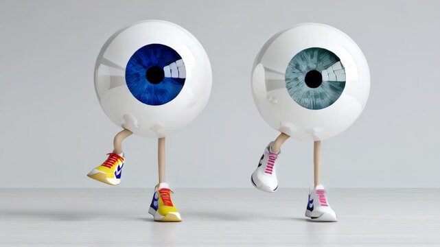 Two cartoon eyes with legs and shoes. The eyes are blue and yellow. The eyes are looking at the camera