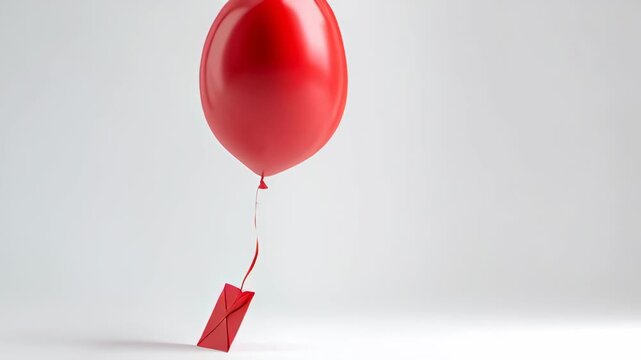 Red heart with a red balloon and a red envelope. The heart is floating in the air and the envelope is attached to the balloon. Concept of love and romance, as the heart