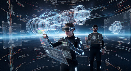 Futuristic individuals wearing virtual reality headsets interacting with glowing digital data streams in a dark neon lit cyberspace environment