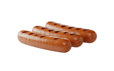 A clean product photograph of three grilled hot dogs arranged in a row on a pristine white background. The hot dogs are positioned in side view, showing their golden-brown, slightly charred exterior w