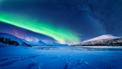 Beautiful Northern Lights Over Frozen Lake With Snow Covered Landscape In Winter Night Vibrant Colors Of Aurora Borealis On Sky Northern Light At Arctic Polar Region