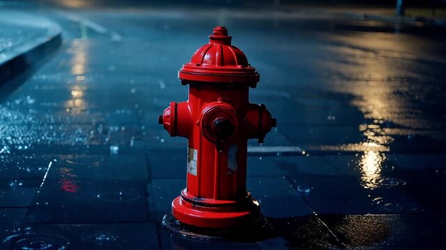Bright red fire hydrant standing on a dark wet sidewalk with rain falling on a blurred city street background at night
