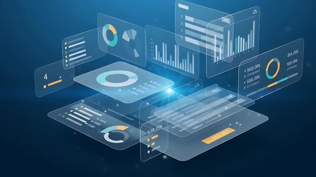 Data Visualization: Transparent Panels with Charts and Graphs on Blue