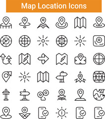 Map and location symbols set. Mapping icon collection. Geolocation map path distance. GPS cartography position. Pinpoint, map search, route,
