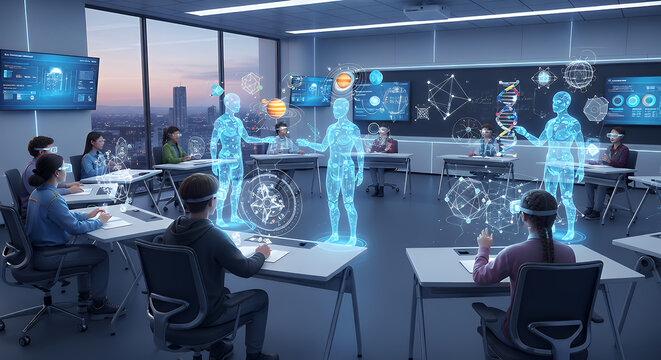 Modern futuristic boardroom with holographic projections of people and data displays for advanced technology meetings