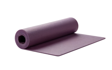 A clean product photograph of a rolled yoga mat positioned diagonally on a pure white background. The mat features a rich purple color with a subtle textured surface pattern, and its edges are neatly 