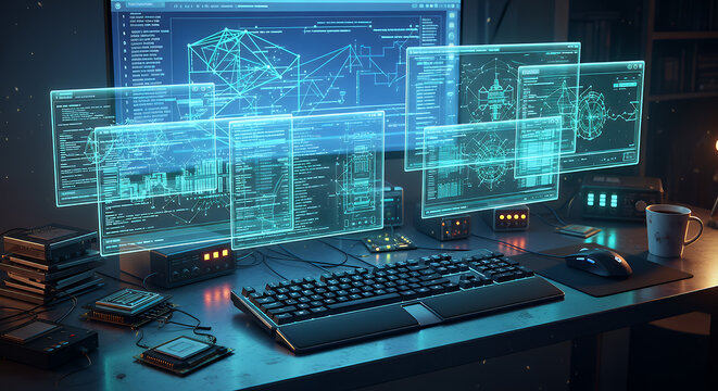 Futuristic computer setup with multiple holographic screens displaying complex data and code in a dark room