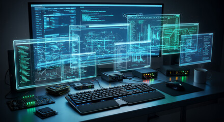 Futuristic holographic computer screens displaying complex data streams and code in a dark modern office setting