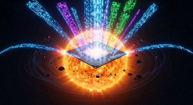 Cosmic energy explosion emanating from a glowing sun with a geometric crystal structure at its core - Powered by Adobe