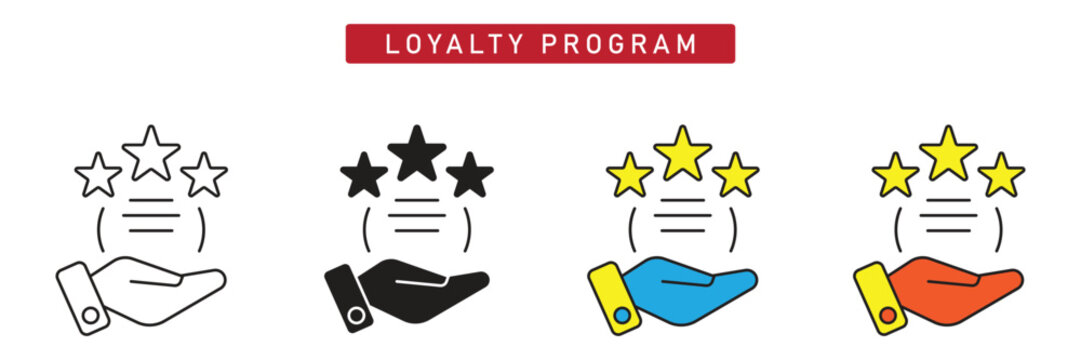 Loyalty Program Icon: Hand Holding Certificate with Three Golden Stars Reward Symbol.