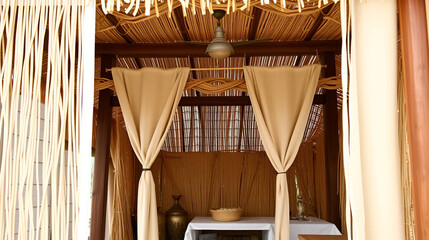 A view of a sukkah from inside a house, showcasing the traditional structure and interior elements during a festive occasion, Shmini Atzeret Day