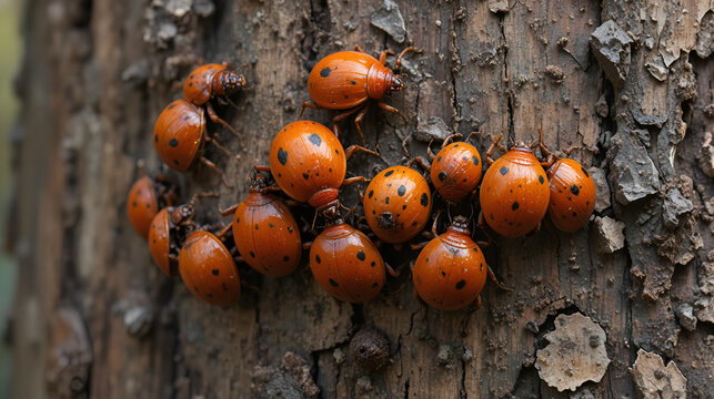 Group of firebugs (Pyrrhocoris apterus) on the bark of a tree.