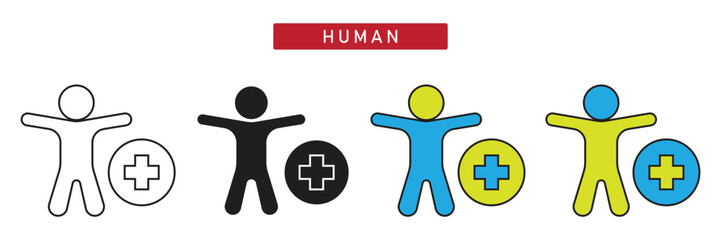 Human Health Icon: Person Symbol with Medical Plus Cross, First Aid and Care Symbol.