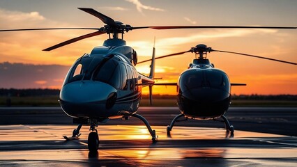 Close-up of the helicopters parked on wet runway during sunset.
