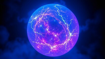 Luminous blue-purple plasma sphere with radiant electric patterns glowing in outer space.
