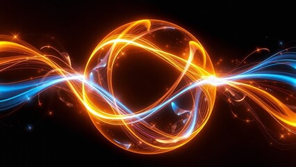 Abstract glowing fusion sphere with intertwined golden and blue light trails.