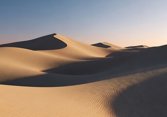 Serene desert landscape with rolling sand dunes under a pastel dawn sky beautiful scenery