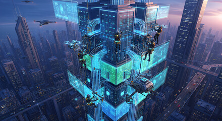 Futuristic cityscape with towering skyscrapers illuminated by vibrant neon lights and holographic projections creating a dazzling urban spectacle