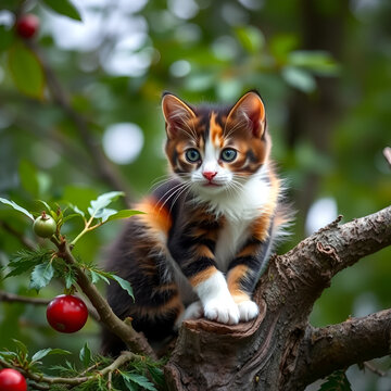 Cute cate on top of a tree. multicolor kitten