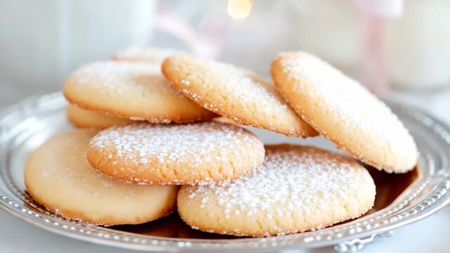Golden Bites of Delight: Delicate, golden-brown cookies rest gracefully on a decorative plate, dusted with a light snowfall of powdered sugar, promising a symphony of flavors