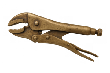 Locking pliers tool displaying vintage craftsmanship, mechanical engineering, and aged bronze metal on transparent background