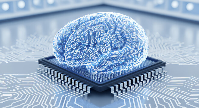 Abstract glowing digital brain circuit board with intricate neural network connections on a futuristic technology background