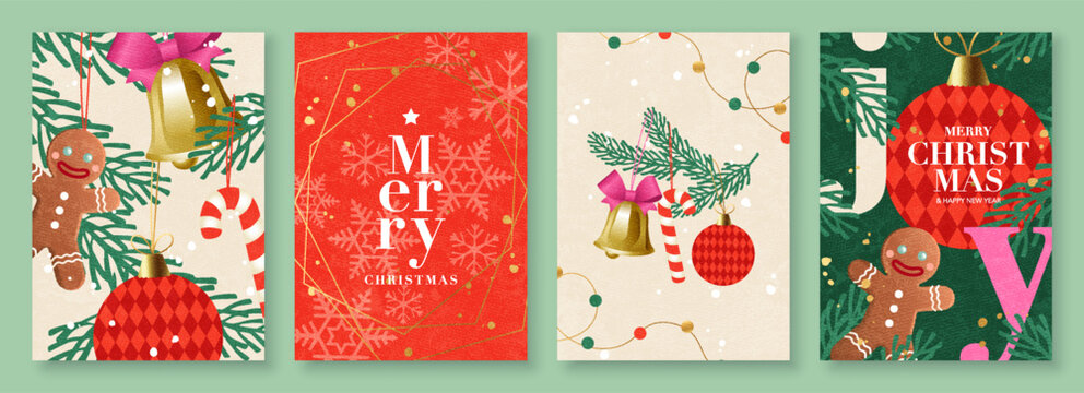 Merry Christmas and Happy New Year decorative greeting card set. Modern Christmas design with typography, hand drawn festive gingerbread man, bell, candy cane,  and Xmas ornament, vector templates