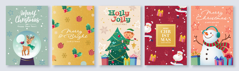 Merry Christmas and Happy New Year illustration set. Cute vector cartoon of snowman, snow globe, reindeer, Christmas tree, Santa Claus, for greeting card, invitation, postcard, poster, or background