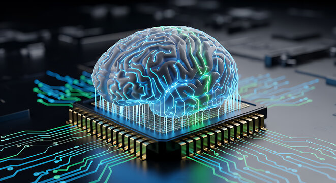 Futuristic glowing digital brain emerging from a complex computer microchip circuit board representing artificial intelligence and advanced technology concepts