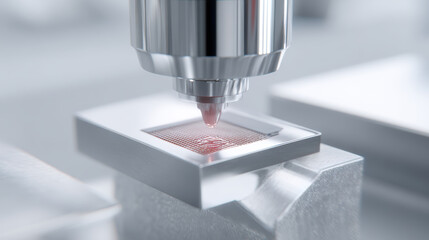 Microchip manufacturing process with AI vision system scanning electronic components, high precision, modern technology, metallic surface