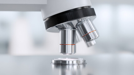 Close up microscope lens focusing on glass slide in laboratory, scientific research, technology, and precision concept