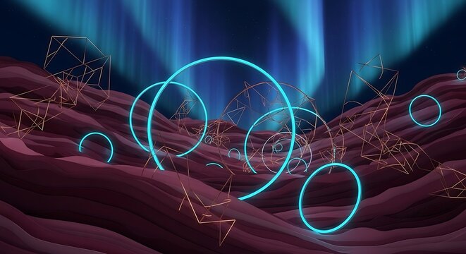 Otherworldly landscape adorned with neon circles and geometric shapes