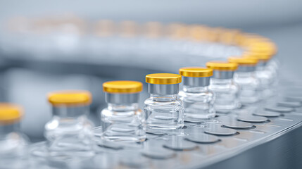 Sterile glass vial with yellow cap on automated pharmaceutical production line, modern biotech manufacturing process