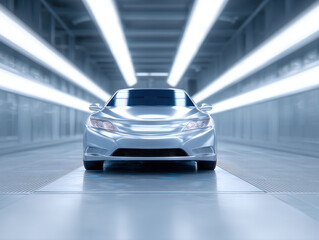 Sleek silver car body moving through automated paint booth, modern automotive manufacturing, high gloss finish, futuristic lighting