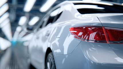 Shiny white sedan on modern automotive assembly line, quality inspection system, high fidelity lighting, advanced technology, efficiency