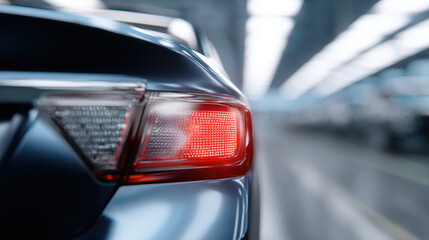 Sleek black car rear light illuminated in modern automotive factory, high quality inspection, technology, and precision engineering