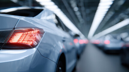 Modern car in automotive factory quality inspection line, rear view, high fidelity lighting, technology, efficiency, production process
