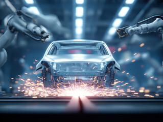 Car frame welding station with robotic arms, sparks flying, modern factory, high technology, industrial automation, steel structure