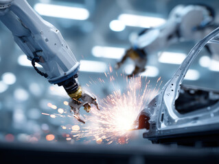Robotic arm welding car frame in modern factory, creating bright sparks, advanced automation, high technology, industrial production