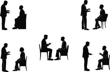 Consultation silhouette illustration, symbolic interpersonal communication and expressive dialogue graphics for design and education