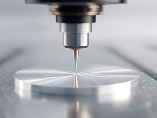 CNC machine engraving fine details onto titanium disc, precision engineering, metallic surface, industrial technology
