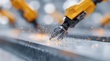 Close up of robotic arm welding steel panel with sparks, industrial automation, technology, precision, and innovation in factory