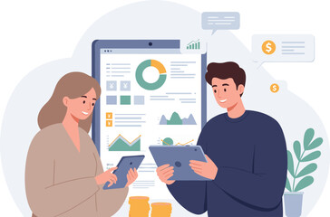 Financial data analysis cartoon illustration, symbolic investment strategy and global finance graphics for design and education