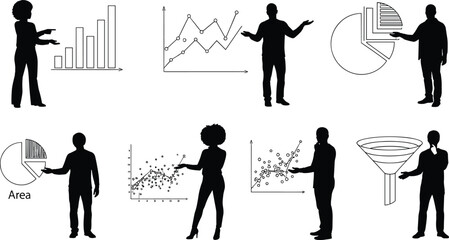 Data visualization silhouette illustration, symbolic analytical gesture and business intelligence graphics for design and education